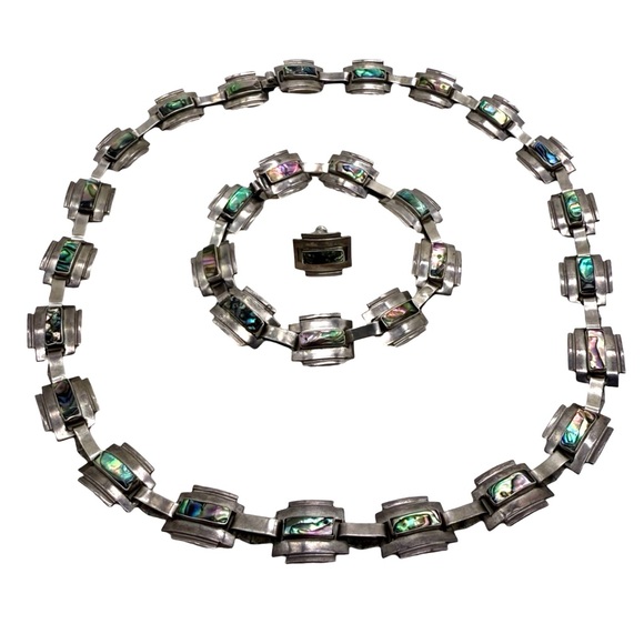 Taxco Modernist Sterling Silver Necklace & Bracelet Set Vintage Signed - Picture 1 of 10